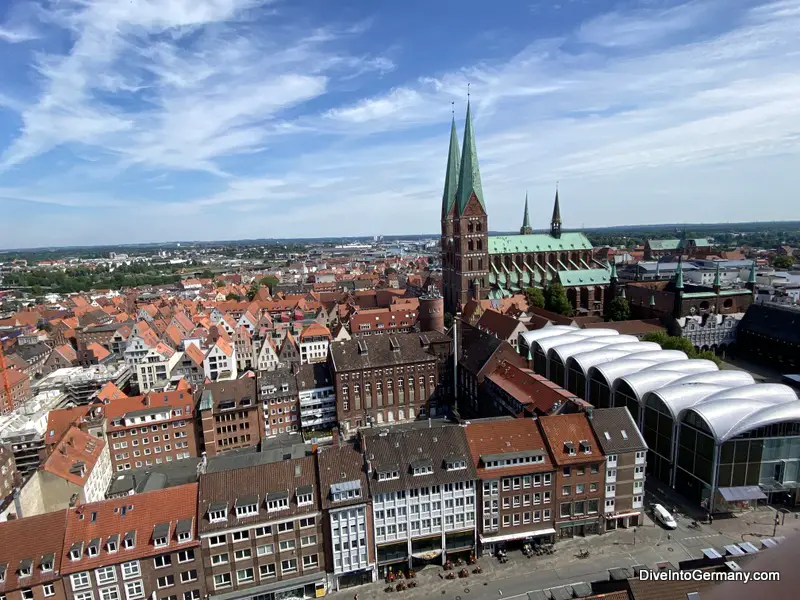 Looking out towards Marienkirche from the tower at Petrikirche