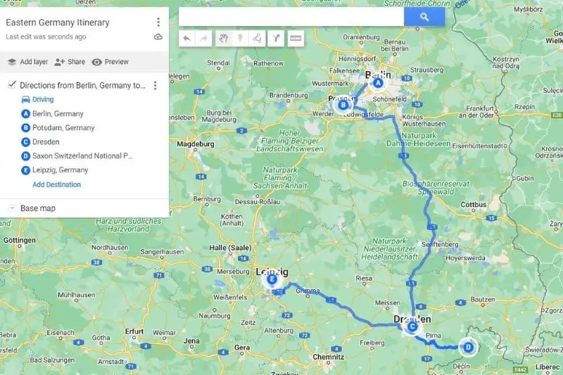 Eastern Germany Itinerary Map