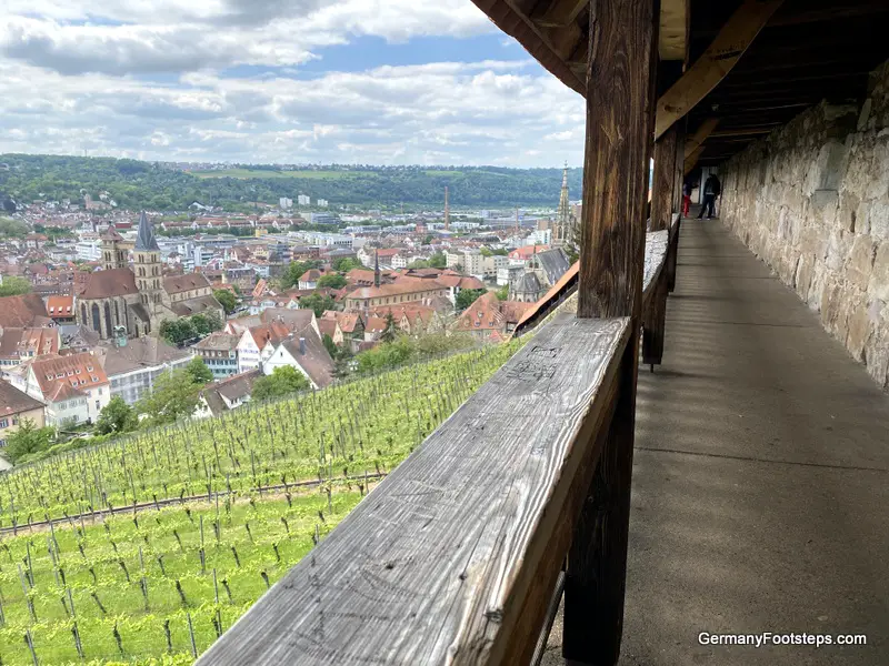 Walking between Fat Tower and the Powder Tower at Esslingen Castle
