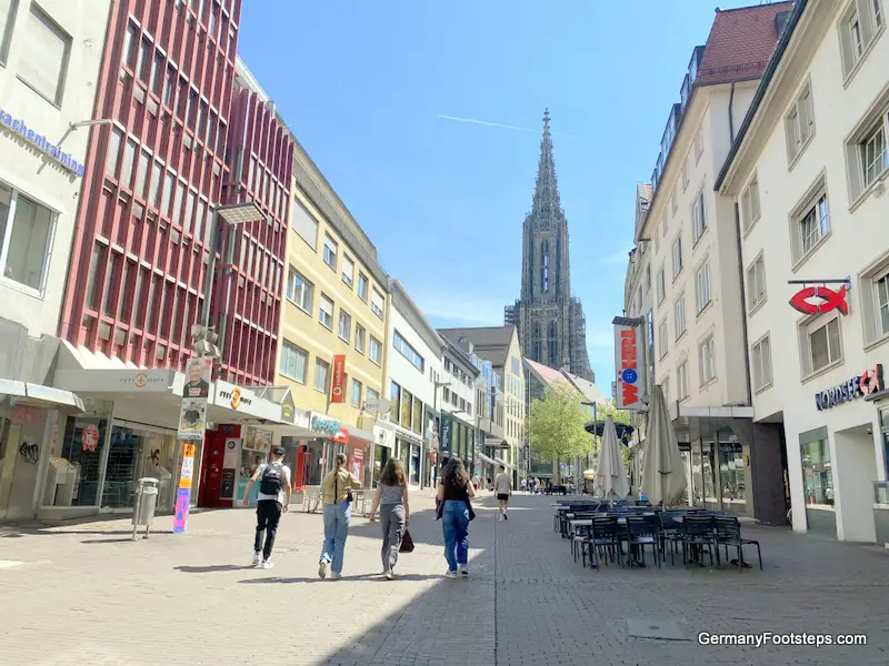 The magnificent Ulm Minster rising above the shopping streets